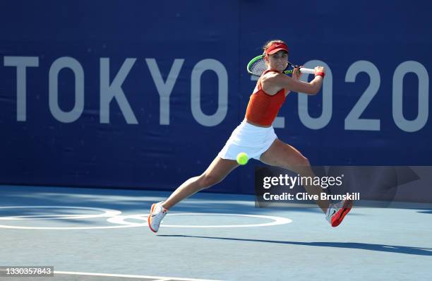 Paula Badosa of Team Spain plays a backhand during her Women's Singles First Round match against Kristina Mladenovic of Team France on day one of the...