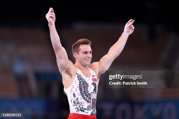 Samuel Mikulak of Team United States competes on parallel bars during Men's Qualification on day one of the Tokyo 2020 Olympic Games at Ariake...
