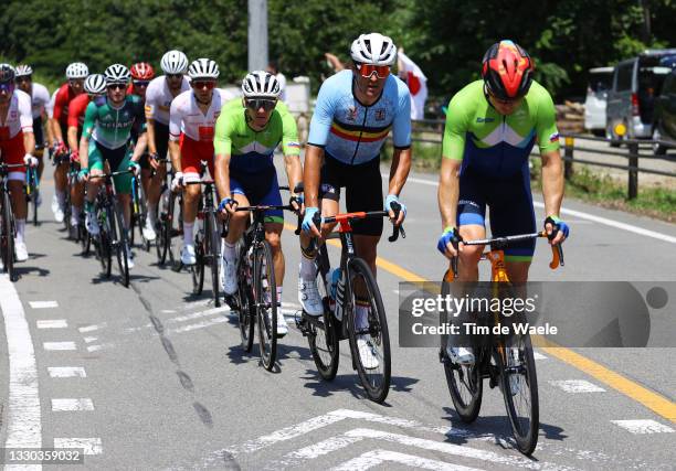 Jan Polanc of Team Slovenia, Greg van Avermaet of Team Belgium & Jan Tratnik of Team Slovenia leads the peloton during the Men's road race at the...