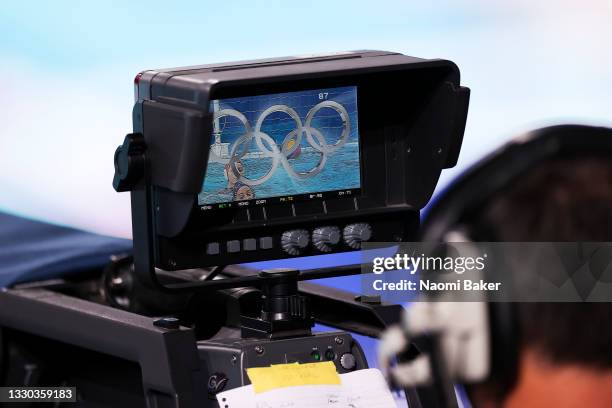 Television coverage is displayed on the screen of a camera operator during the Women's Preliminary Round Group A match between South Africa and Spain...