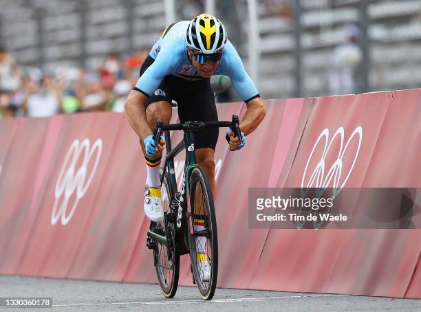 Wout van Aert of Team Belgium celebrates winning the silver medal on arrival during the Men's road race at the Fuji International Speedway on day one...
