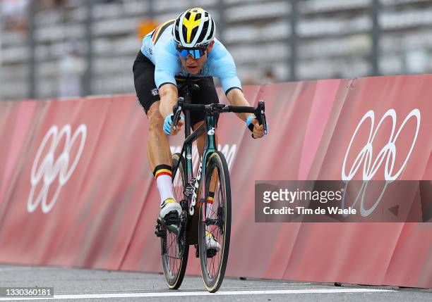 Wout van Aert of Team Belgium celebrates winning the silver medal on arrival during the Men's road race at the Fuji International Speedway on day one...