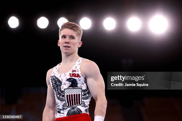 Shane Wiskus of Team United States reacts after competing on the horizontal bar during Men's Qualification on day one of the Tokyo 2020 Olympic Games...