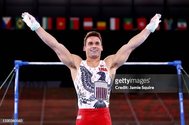 Samuel Mikulak of Team United States competes on the horizontal bar during Men's Qualification on day one of the Tokyo 2020 Olympic Games at Ariake...