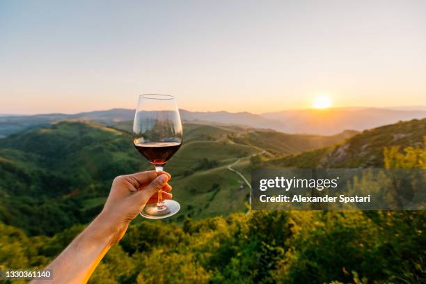 man holding a glass of red wine surrounded by hills and mountains at sunset, personal perspective pov - oenologie photos et images de collection