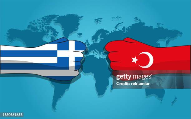 conflict between turkey and greece.    greece. turkey versus greece. - versus stock illustrations