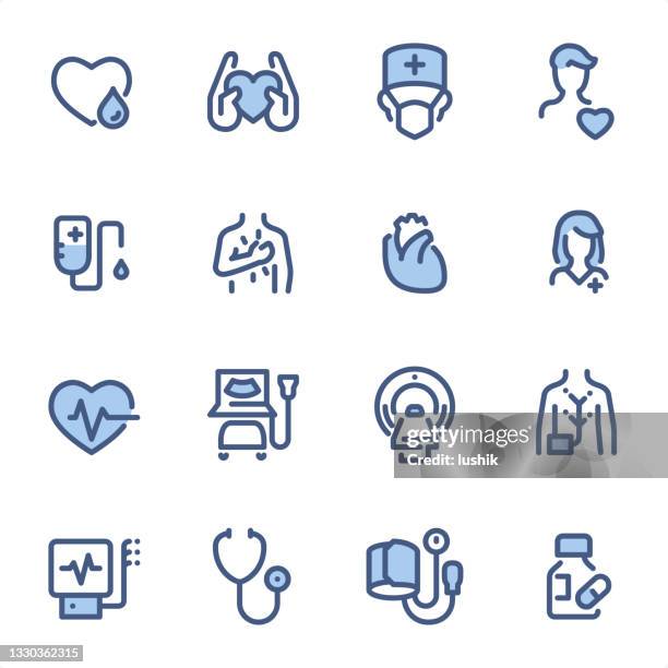 ilustraciones, imágenes clip art, dibujos animados e iconos de stock de cardiología - iconos de línea azul pixel perfect - ultrasound scan