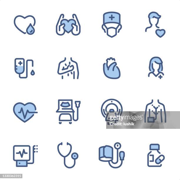 cardiology - pixel perfect blue line icons - heart attack stock illustrations