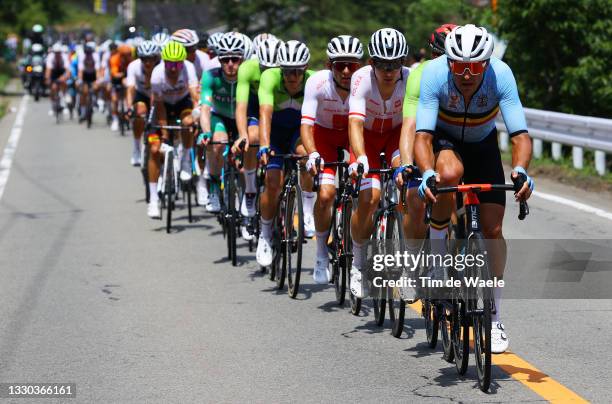 Greg van Avermaet of Team Belgium leads the peloton during the Men's road race at the Fuji International Speedway on day one of the Tokyo 2020...