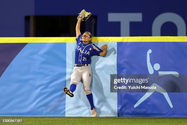 Laura Vigna of Team Italy makes a catch in the fourth inning against Team Japan during the Softball Opening Round on day one of the Tokyo 2020...