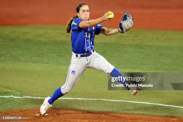 Ilaria Cacciamani of Team Italy pitches in the fifth inning against Team Japan during the Softball Opening Round on day one of the Tokyo 2020 Olympic...