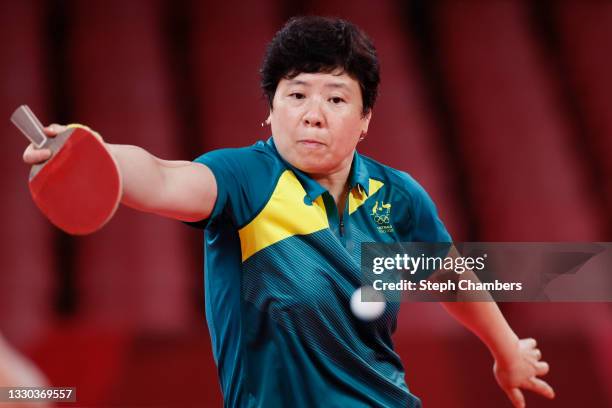 Lay Jian Fang of Team Australia in action during her Women's Singles first round match on day one of the Tokyo 2020 Olympic Games at Tokyo...