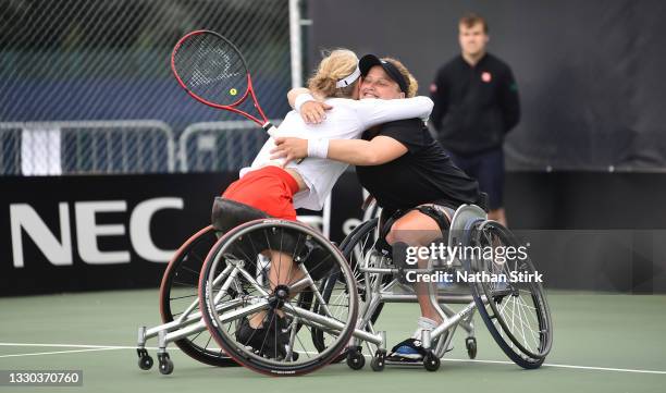 Diede de Groot and Aniek van Koot of Netherlands celebrate after they win the women's doubles final match against Lucy Shuker and Jordanne Whiley of...