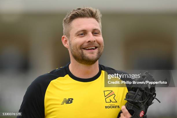 Luke Wright of Trent Rockets looks on before the Hundred Match between Trent Rockets and Southern Brave at Trent Bridge on July 24, 2021 in...