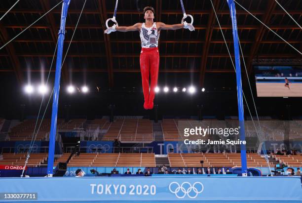 Yul Moldauer of Team United States competes on rings during Men's Qualification on day one of the Tokyo 2020 Olympic Games at Ariake Gymnastics...