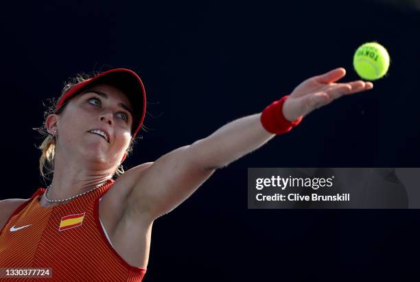 Paula Badosa of Team Spain serves during her Women's Singles First Round match against Kristina Mladenovic of Team France on day one of the Tokyo...