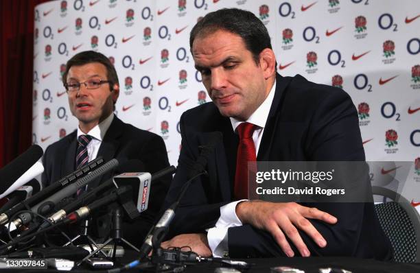 Martin Johnson, the England manager, announces his resignation as he faces the media watched by RFU director of Elite Rugby Rob Andrew on November...