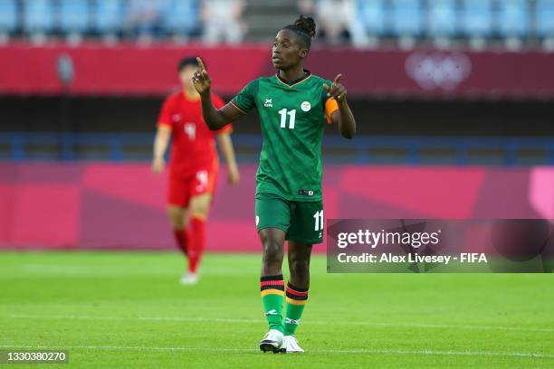 Babra Banda of Team Zambia celebrates after scoring their side's third goal during the Women's First Round Group F match between China and Zambia on...