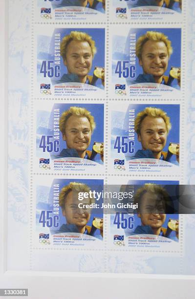 Steven Bradbury's commemorative stamps shown during the Australian Press Conference at the Main Media Center on February 24, 2002 during the Salt...