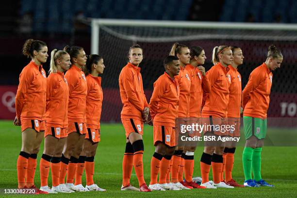 Players of the Netherlands during the national anthem during the Tokyo 2020 Olympic Football Tournament match between Netherlands and Brazil at...