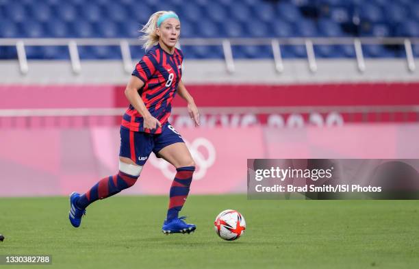 Julie Ertz of the United States looking for an open man during a game between New Zealand and USWNT at Saitama Stadium on July 24, 2021 in Saitama,...
