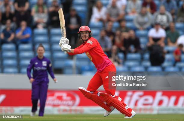 Welsh fire batter Sarah Taylor hits out during The Hundred match between Northern Superchargers Women and Welsh Fire Women at Emerald Headingley...