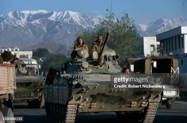 View of Soviet army soldiers in a armored vehicle during a patrol, Kabul, Afghanistan, April 25, 1988. The country had been under communist...