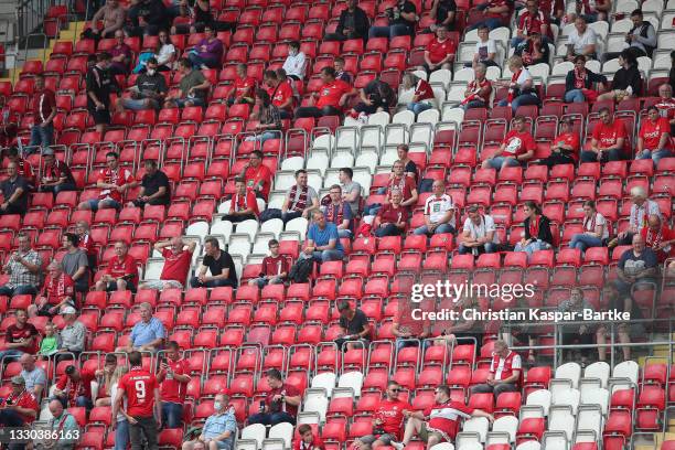Fans are seen prior to the 3. Liga match between 1. FC Kaiserslautern and Eintracht Braunschweig at Fritz-Walter-Stadion on July 24, 2021 in...
