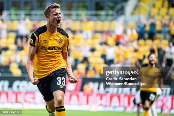 Christoph Daferner of Dynamo Dresden celebrates after scoring his team's first goal during the Second Bundesliga match between SG Dynamo Dresden and...