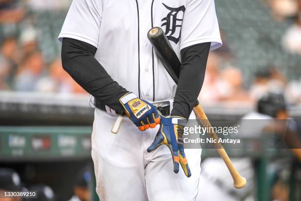 Detail of the Franklin batting gloves worn by Miguel Cabrera of the Detroit Tigers as he warms up against the Texas Rangers at Comerica Park on July...