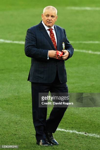 Warren Gatland, Head Coach of British & Irish Lions looks on during the warm up prior to the 1st Test between South Africa & British & Irish Lions at...