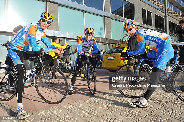 Professional road race cyclists Johan Van Summeren, Trent Lowe and Michel Kreder, taken on January 28, 2010 in Calpe. All are members of the 2010...