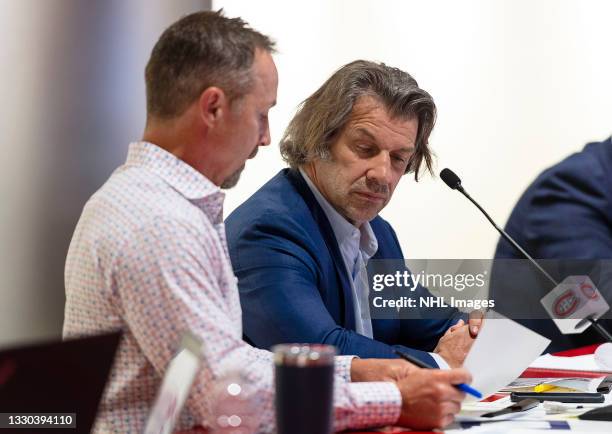 Assistant general manager Trevor Timmins and general manager Marc Bergevin of the Montreal Canadiens attend rounds 2-7 of the 2021 NHL Entry Draft at...