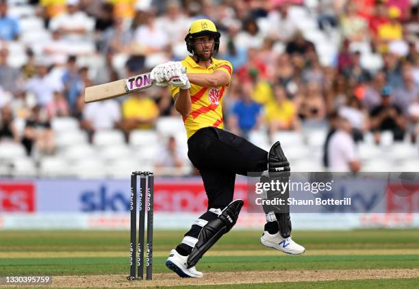 Dawid Malan of Trent Rockets Men plays a shot during The Hundred match between Trent Rockets Men and Southern Brave Men at Trent Bridge on July 24,...