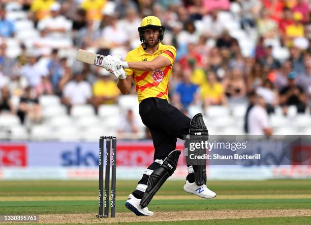 Dawid Malan of Trent Rockets Men plays a shot during The Hundred match between Trent Rockets Men and Southern Brave Men at Trent Bridge on July 24,...