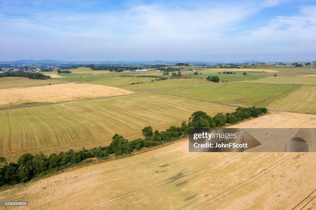 Aerial view of agricultural fields in rural Scotland