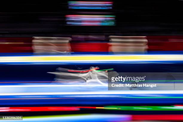 Sandro Bazadze of Team Georgia competes against Mohab Samer of Team Egypt on day one of the Tokyo 2020 Olympic Games at Makuhari Messe Hall on July...