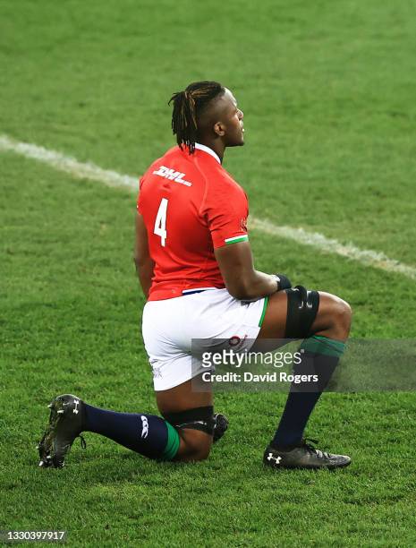 Maro Itoje of British & Irish Lions takes a knee in support of 'Rugby Against Discrimination' prior to the 1st Test between South Africa & British &...