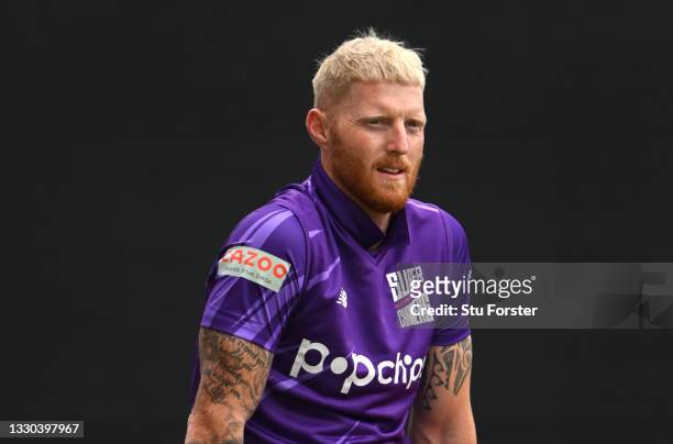 Superchargers captain Ben Stokes shows off his new blonde hair cut during The Hundred match between Northern Superchargers Men and Welsh Fire Men at...