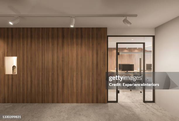 modern office interior - wooden wall stockfoto's en -beelden