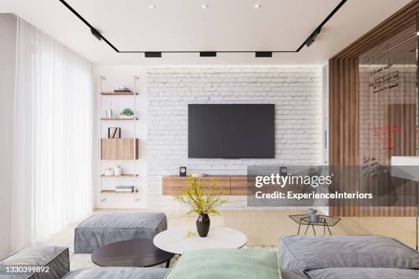 modern apartment interior living room - home cinema stockfoto's en -beelden