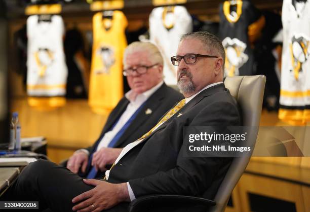 President of Hockey Operations Brian Burke and CEO David Morehouse of the Pittsburgh Penguins attend rounds 2-7 of the 2021 NHL Entry Draft at PPG...
