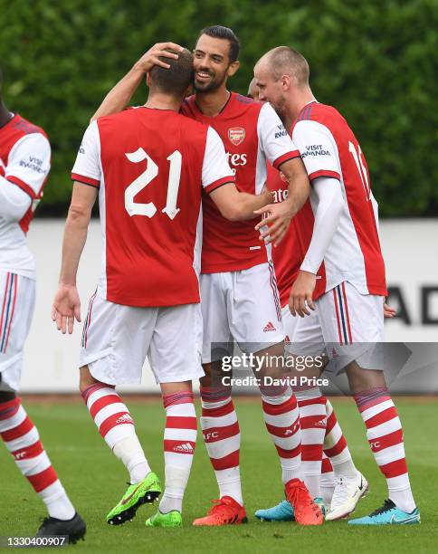 Pablo Mari celebrates an Arsenal goal with Calum Chambers during the pre season friendly between Arsenal and Millwall at London Colney on July 24,...