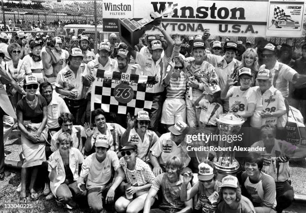 Driver Bobby Allison celebrates his 1982 Firecracker 400 win in Victory Lane at the Daytona International Speedway on July 7, 1982 in Daytona Beach,...