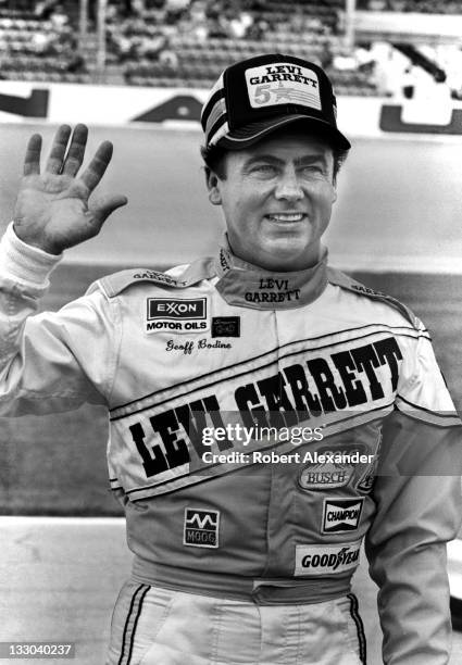 Driver Geoff Bodine poses for photographers at the Daytona International Speedway prior to the 1988 Daytona 500 on February 14, 1988 in Daytona...