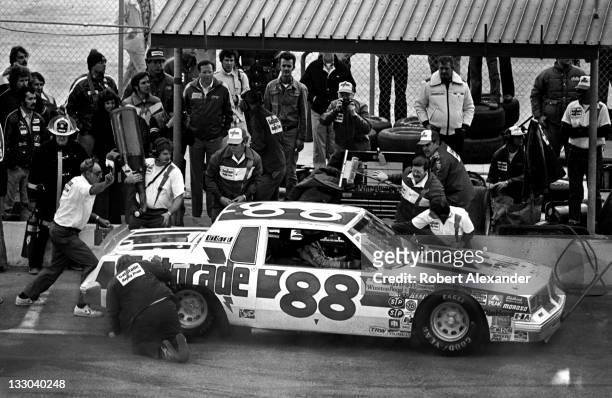 Driver Bobby Allison driving the Gatorade car makes a pit stop during the 1982 Daytona 500 at the Daytona International Speedway on February 14, 1982...