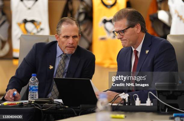 Director of Player Personnel Chris Pryor and General Manager Ron Hextall of the Pittsburgh Penguins attend rounds 2-7 of the 2021 NHL Entry Draft at...