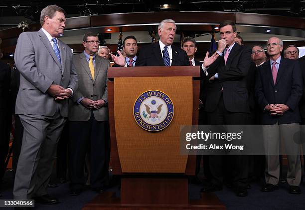 House Minority Whip Rep. Steny Hoyer speaks as other congressional members, including Rep. Mike Simpson , Sen. Kent Conrad , Sen. Joe Manchin , and...