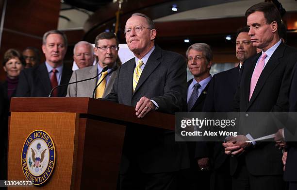 Sen. Lamar Alexander speaks as other congressional members, including Sen. Mike Crapo , Sen. Saxby Chamliss , Sen. Kent Conrad , Sen. Mark Warner ,...