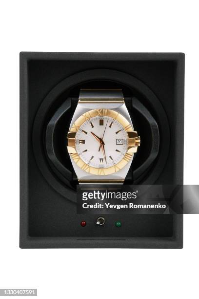luxury watches in a watch winder box isolated on white background - luxury watches foto e immagini stock
